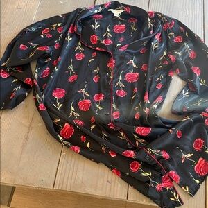 Avenue Black Satin Pajama Top with Red Rose Print